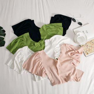 Plain V-neck Ruffle Sleeve T-shirt