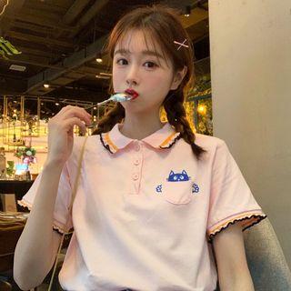 Cat-embroidered Ruffled-trim Polo Shirt