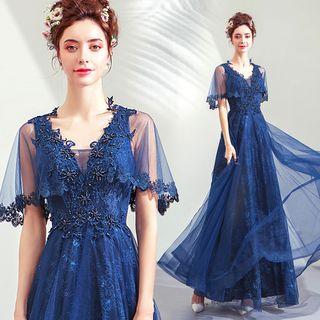 Cape-sleeve Embroidered A-line Evening Gown