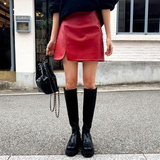 Slit-hem Pleather Miniskirt