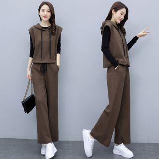 Set: Sleeveless Hoodie + Long-sleeve T-shirt + Wide Leg Pants