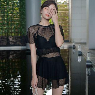 Set: Short-sleeve Mesh Tankini Top + Swim Skirt