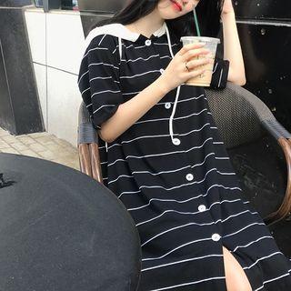 Striped Loose-fit Short-sleeve Hooded Dress