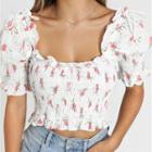 Balloon-sleeve Floral Print Cropped Blouse As Shown In Figure - One Size