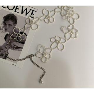 Faux Pearl Floral Belt Silver & White - One Size