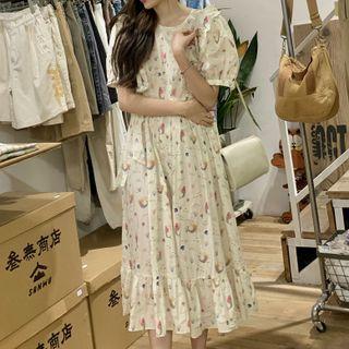 Short-sleeve Floral Midi A-line Dress Gray Mermaid - White - One Size