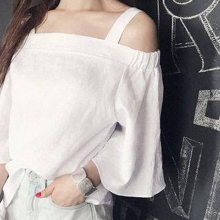 Square-neck Off-shoulder Ramie Top