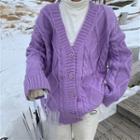V-neck Oversize Cable-knit Cardigan / Fleece A-line Skirt