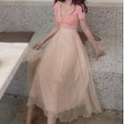 Short-sleeve Cropped Top / Midi A-line Mesh Skirt