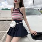 Sleeveless Striped Top / A-line Pleated Mini Skirt