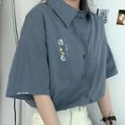 Elbow-sleeve Japanese Character Print Shirt