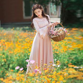 Bell-sleeve Lace-trim Chiffon Dress