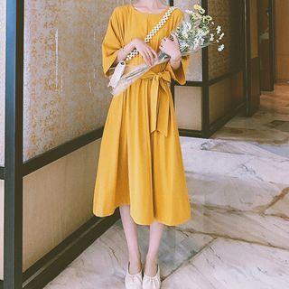 Elbow-sleeve Bow Accent Midi A-line Dress