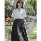 Short-sleeve Floral Embroidered Shirt / Midi A-line Skirt / Set