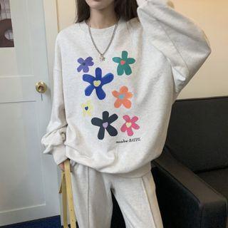 Set: Flower Print Sweatshirt + Pants Oatmeal - One Size