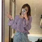 Tie-front Ruffle Hem Square Collar Cropped Top Purple - One Size