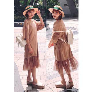 Tulle-ruffle Midi T-shirt Dress Beige - One Size