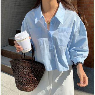 Plain 3/4-sleeve Shirt Blue - One Size