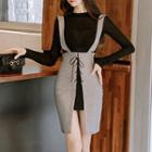 Set: Plain Long-sleeve Knit Top + Gingham Lace-up Suspender Skirt