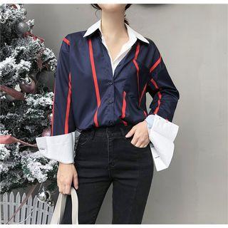 Striped Fake Two-piece Trumpet-sleeved Shirt