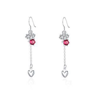 Simple Heart Tassel Earrings With Red Austrian Element Crystal Silver - One Size
