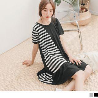 Short Sleeve Asymmetrical Striped Ruffled-hem A-line Dress