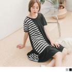 Short Sleeve Asymmetrical Striped Ruffled-hem A-line Dress