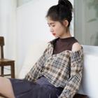 Mock Two Piece Cold Shoulder Plaid Shirt Brown - One Size