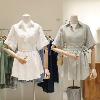 Set: Tie Waist Elbow-sleeve Shirt Dress + High Waist Shorts