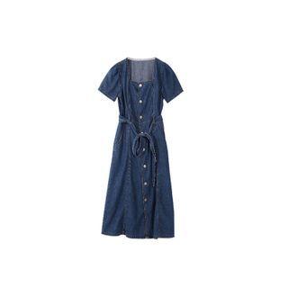 Square-neck Denim Midi A-line Dress