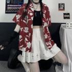 Short-sleeve Lapel Collar Flower-print Blouse Wine Red - One Size