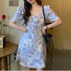 Short-sleeve Bow-front Floral Print A-line Dress