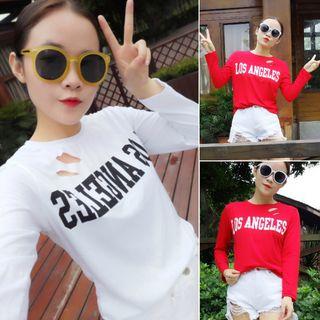 Lettering Ripped Long Sleeve T-shirt