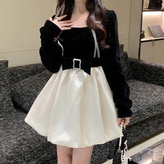 Long-sleeve Bow Accent Two-tone Mini A-line Dress