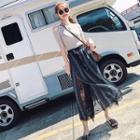 Set: Short-sleeve Cold-shoulder Knit Top + Cropped Print Wide-leg Pants