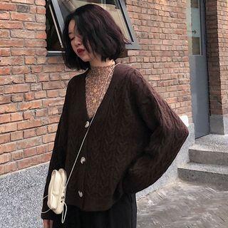 Long-sleeve V-neck Plain Cable Knit Cardigan