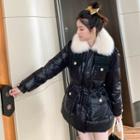 Fluffy Collar Patent Padded Zip-up Jacket