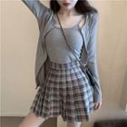 Plain Button Light Jacket / Camisole Top / Plaid Mini A-line Skirt / Set