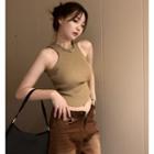 Sleeveless Plain Slim-fit Tank Top Khaki - One Size