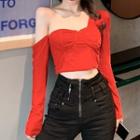 Long-sleeve Crinkled T-shirt Red - One Size