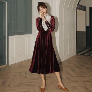 Lace Panel Long-sleeve Midi A-line Velvet Dress
