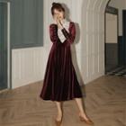 Lace Panel Long-sleeve Midi A-line Velvet Dress