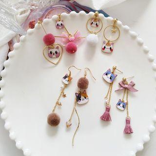Non-matching Metal Cat Bow Tassel / Bobble Dangle Earring