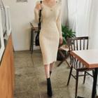 Long-sleeve Knit Midi Sheath Dress Almond - One Size