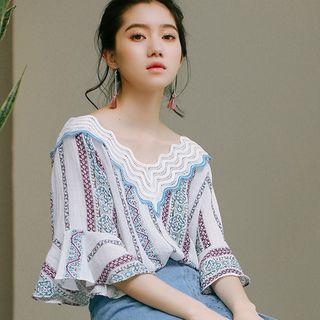 Flared Elbow-sleeve Patterned V-neck Top