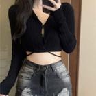 Long-sleeve Plain V-neck Cropped Knit Top