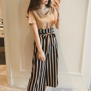 Set: Short-sleeve T-shirt + Striped Wide-leg Cropped Pants