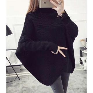 Turtle-neck Drop-shoulder Knit Top Black - One Size
