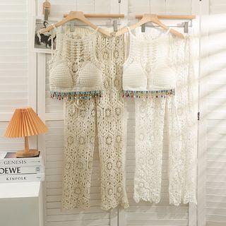 Set: Open-knit Crop Tank Top + Wide-leg Pants