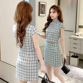 Set: Plaid Cap-sleeve Qipao Top + Mini A-line Skirt